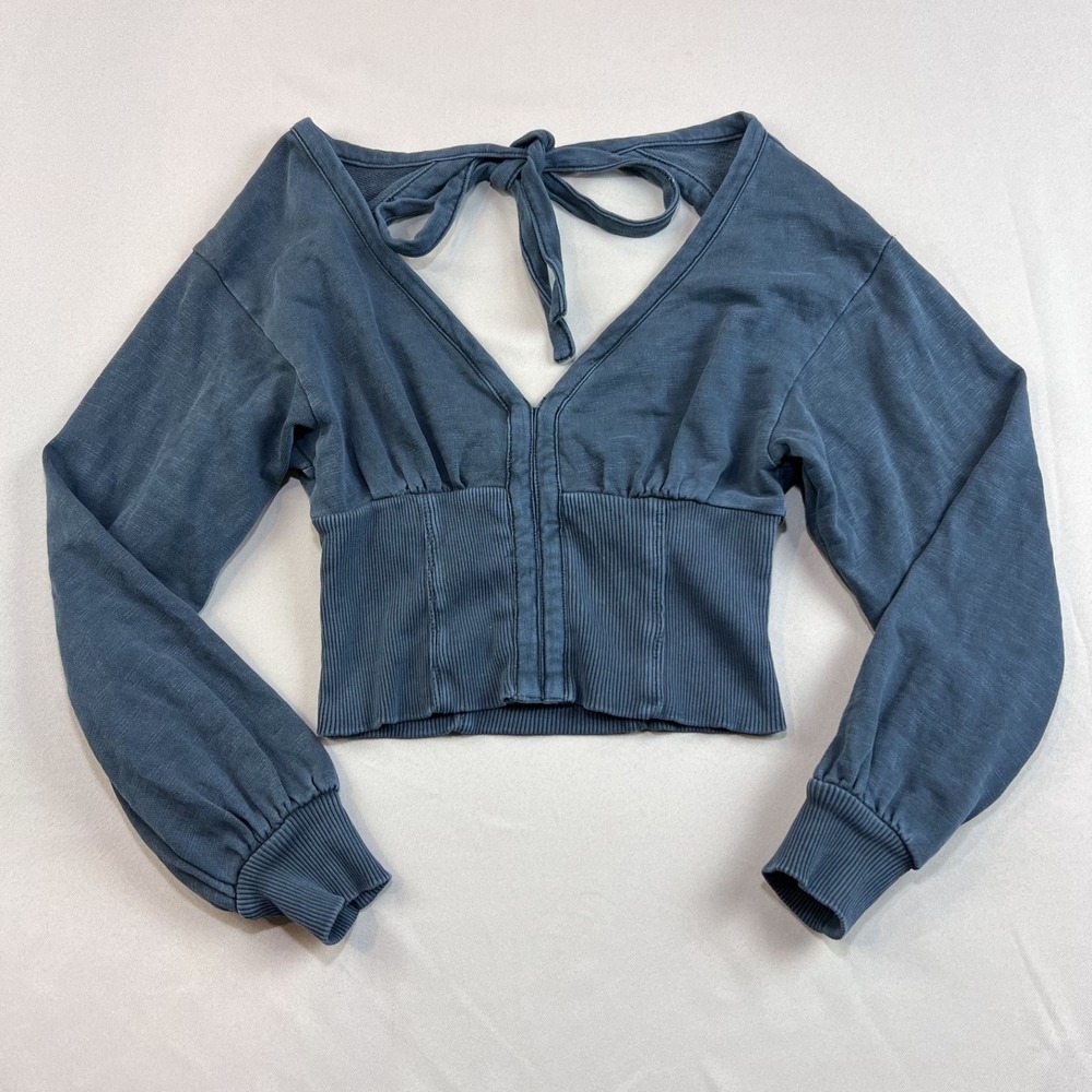 Pilcro Anthropologie Blue Ribbed Back Tie Sweatshirt Boho Crop Balloon Sleeve XS